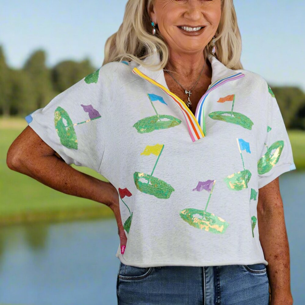 NWT Queen Of Sparkles Grey Hole In One Stripe Collar Top